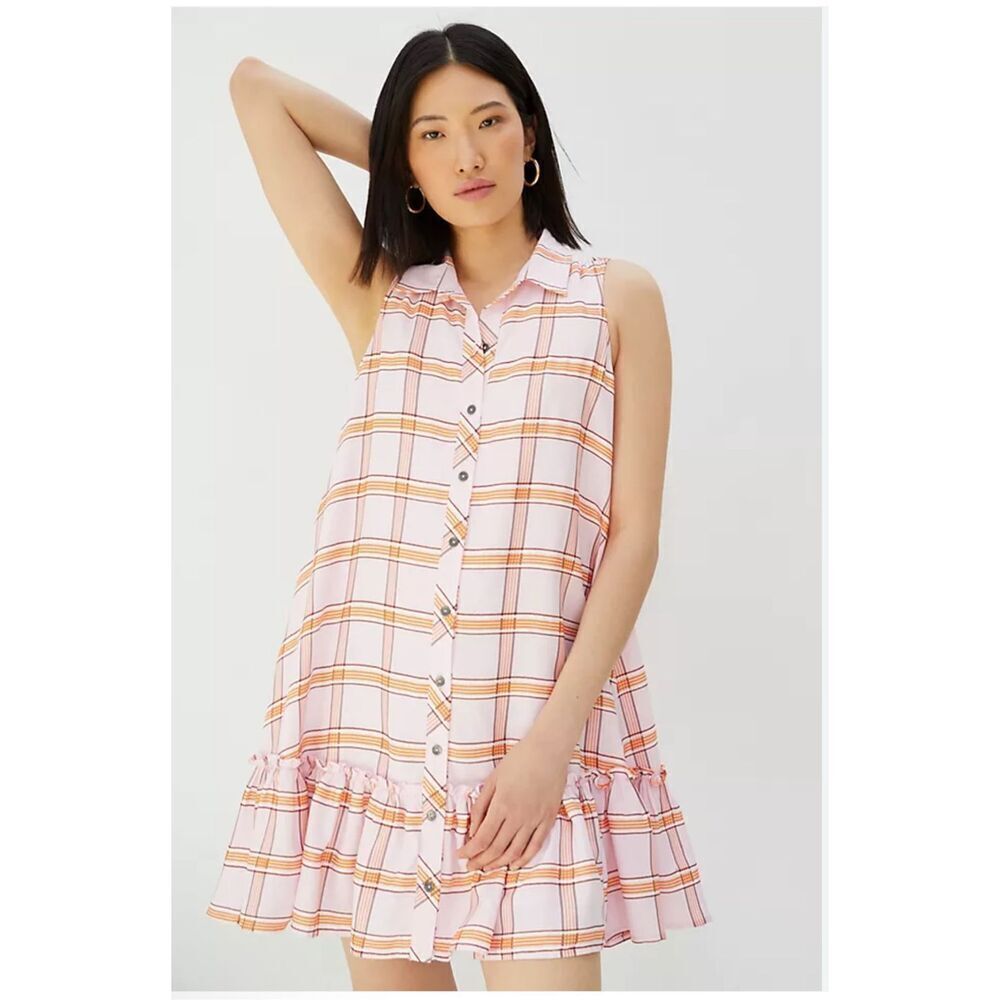 Maeve by Anthropologie pink flounce sleeveless plaid mini dress XSmall